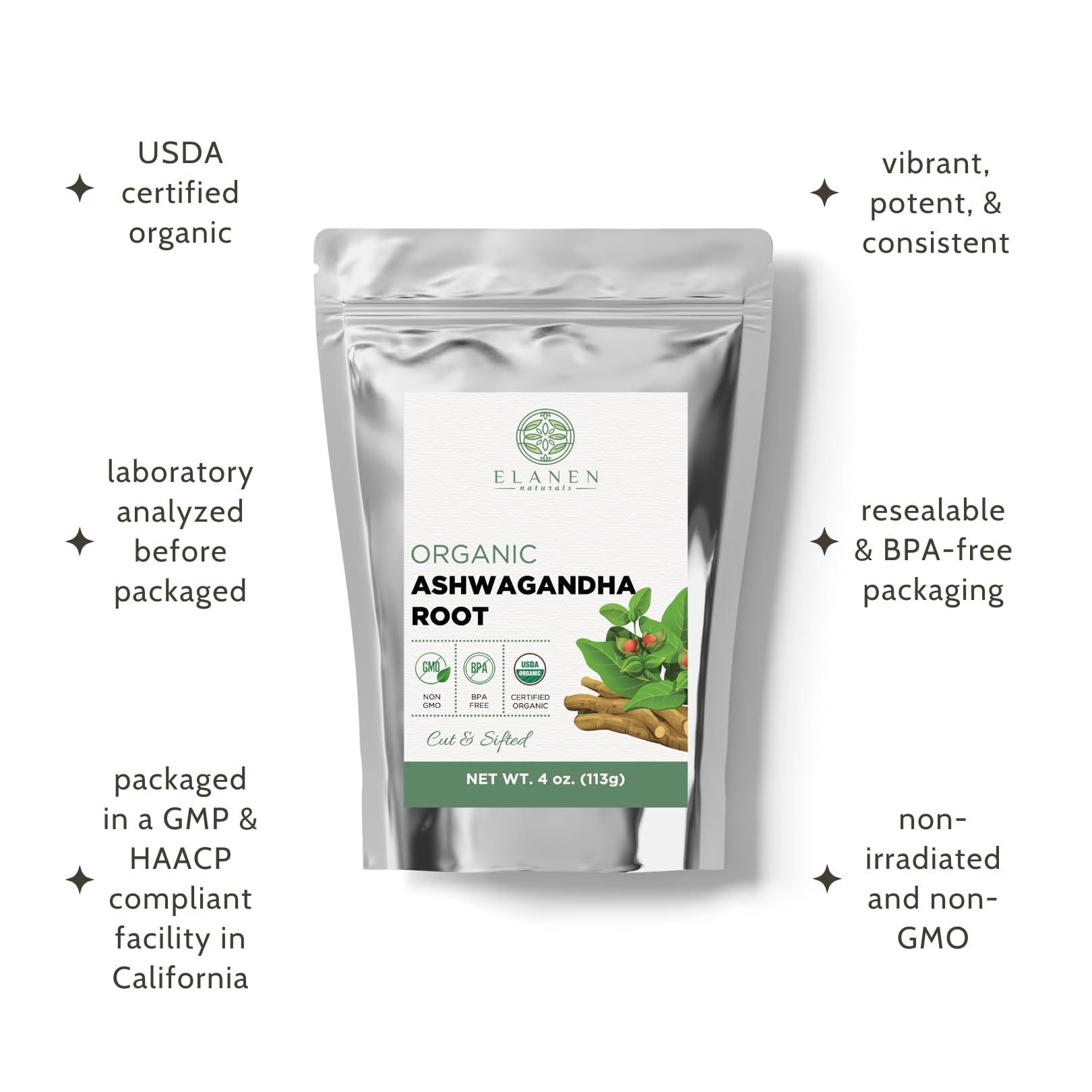 Elanen Naturals Organic Ashwagandha Root 4 oz. (113g), USDA Certified Organic Ashwagandha Root Loose Leaf Tea, Dried Withania somnifera, Cut & Sifted Elanen NaturalsBuy Supplements Australia