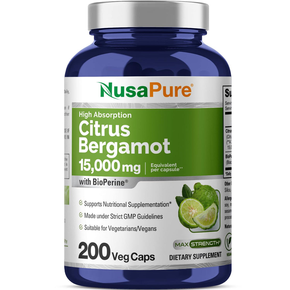 NusaPure Citrus Bergamot Capsules 15,000mg, 200 Capsules - 25:1 Bergamot Extract - 200 Servings, Bioperine, Vegan, Non-GMO NusaPureBuy Supplements Australia