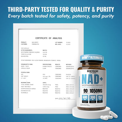 Benevolent NAD+ Supplement 1050mg, Max Absorption 3in1 NAD Supplements for Women & Men with Nicotinamide Riboside, Trans-Resveratrol & TMG, NAD Plus for Cellular Energy, Brain Support & Aging, 90 Caps Benevolent NourishmentBuy Supplements Australia