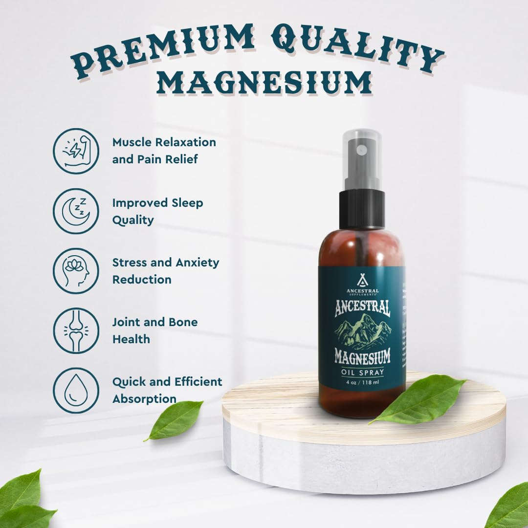 Ancestral Supplements Magnesium Spray, Magnesium for Sleep + Muscle Support, Made with Magnesium Chloride & Natural Minerals, Fast Absorbing Topical Magnesium Oil Supplement for Body Application, 4 oz Ancestral SupplementsBuy Supplements Australia