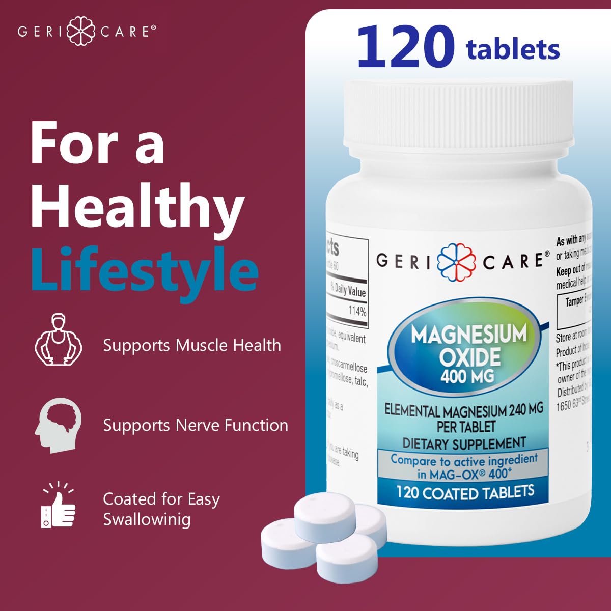 GeriCare Magnesium Oxide Supplement 240 mg of Elemental Magnesium, 120 Tablets, Essential Mineral Support, Promotes Vascular Health, Bone Strength, and Muscle Function (Pack of 1) GeriCareBuy Supplements Australia