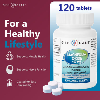 GeriCare Magnesium Oxide Supplement 240 mg of Elemental Magnesium, 120 Tablets, Essential Mineral Support, Promotes Vascular Health, Bone Strength, and Muscle Function (Pack of 1) GeriCareBuy Supplements Australia