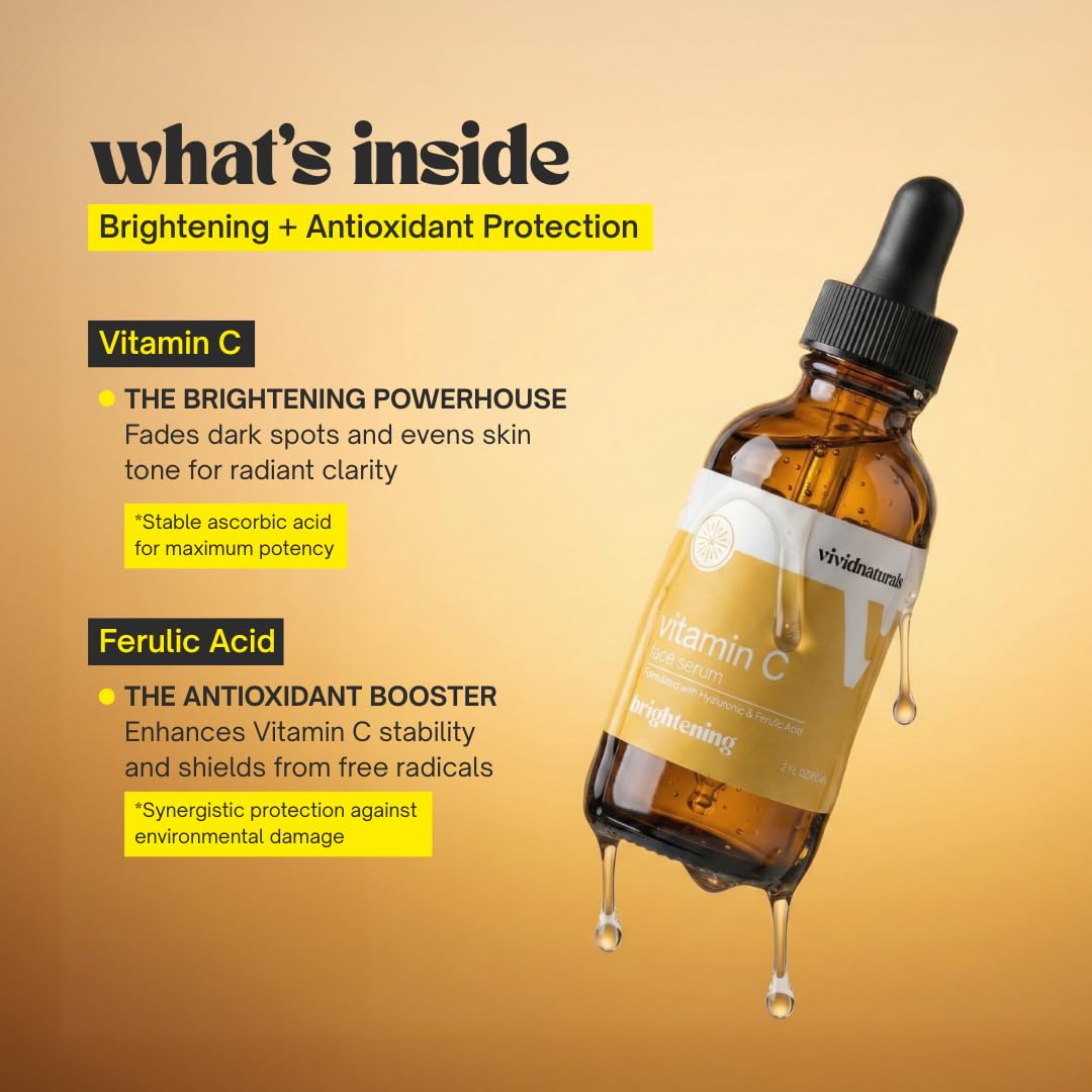 Vivid Naturals Vitamin C Serum For Face With Hyaluronic and Ferulic Acid 60ml Made In USA - Lightweight Non-Sticky Vit C Serum Face for Hydrating Brighter Smooth Fresh Skin Glow Fast Absorbing Vivid Naturals buy supplements Au