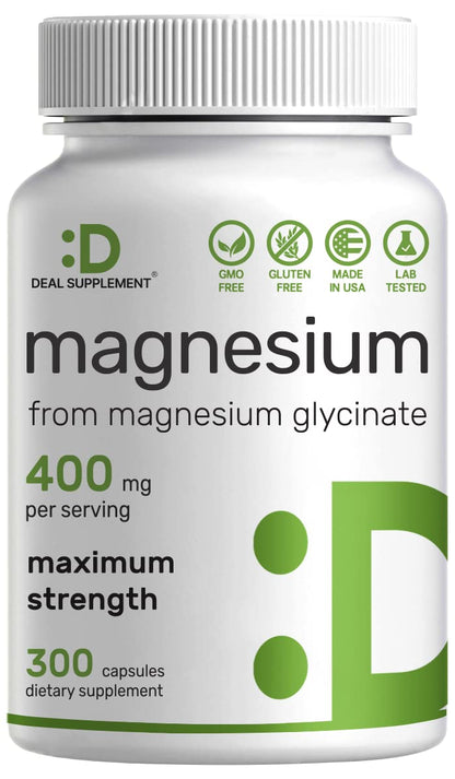 Magnesium Glycinate 400mg, 300 Capsules | 100% Chelated for Easy Absorption | Essential Mineral Supplement for Muscle, Sleep, & Heart Health*