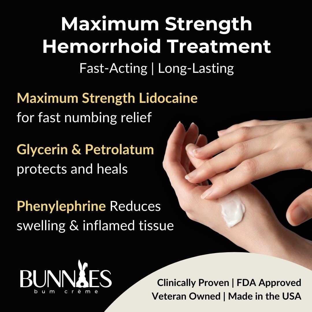 BUNNIES BUM CRÈME 5% Lidocaine Rapid Hemorrhoid Soothing Cream, 2 oz, Maximum Strength for Fast Acting for Pain, Burning, Itching, Swelling & Discomfort. BUNNIES BUM CRÈMEBuy Supplements Australia