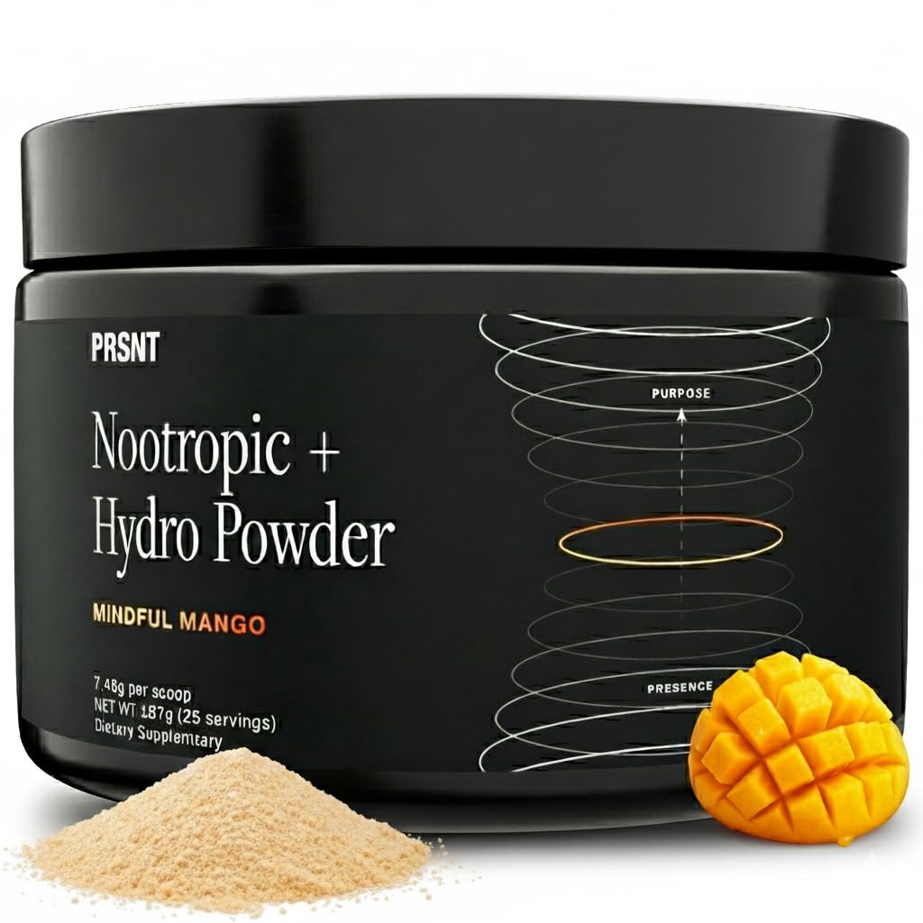 PRSNT Nootropic Focus Powder | Mango 25 Servings | Caffeine-Free, Sugar-Free | Supports Focus, Energy, Mental Clarity | Nootropic + Electrolytes Hydration Focus Drink Mix PRSNTBuy Supplements Australia