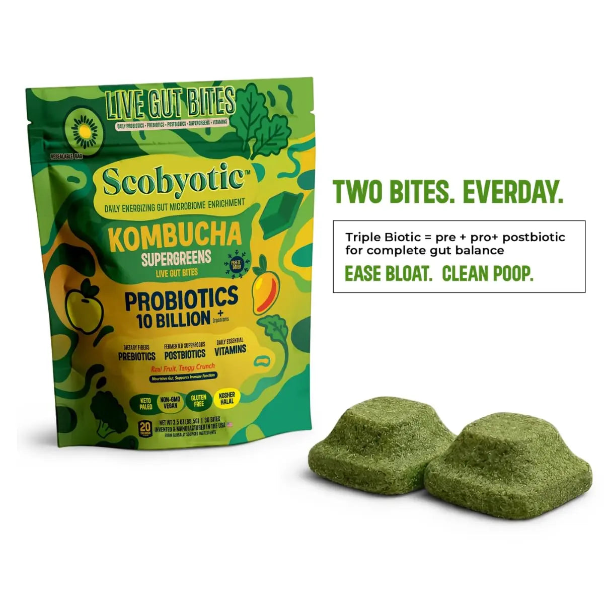 Scobyotic® Kombucha Supergreens Live Gut Bites – 10 Billion CFU Probiotics + Prebiotics & Postbiotics – Kombucha & Supergreens – Freeze-Dried Probiotic Supplement ScobyoticBuy Supplements Australia