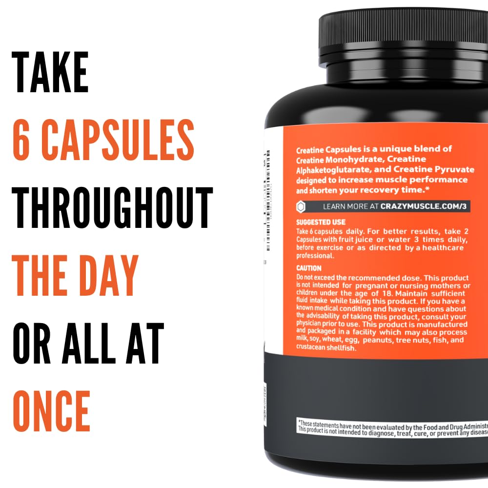 Creatine Capsules, 5g Premium 3X ThreeAtine Pre Workout Bulk Muscle Mass Gainer, High Absorption Easy to Take Creatine Monohydrate Pills Alternative Optimum Performance for Men Women, 180 Capsules Crazy MuscleBuy Supplements Australia