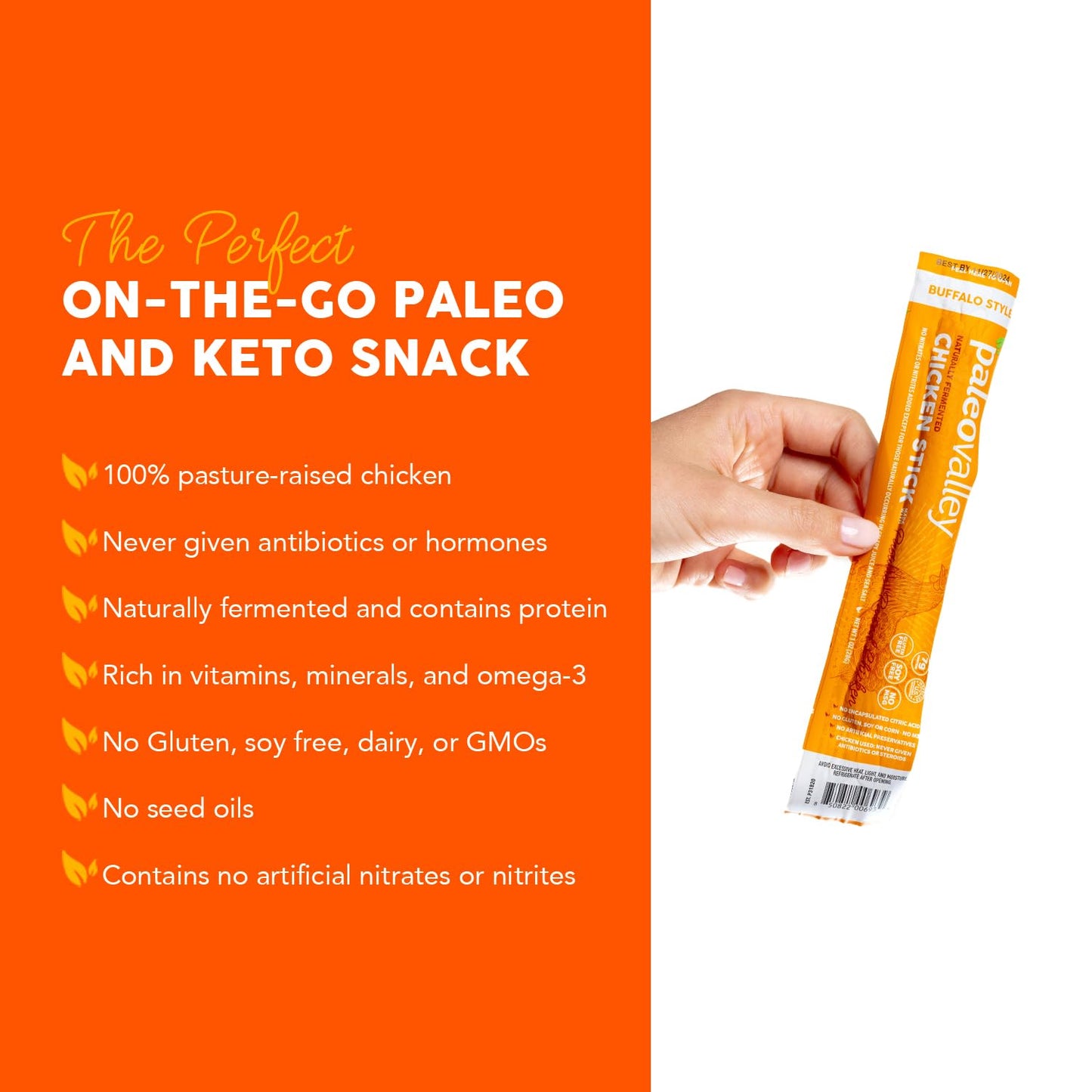 Paleovalley Pasture-Raised Chicken Sticks – 10 Pack – 7g Protein per Stick – Keto-Friendly, Paleo, Gluten-Free, Nitrate-Free – On-the-Go Snack (10 Pack, Buffalo) PaleovalleyBuy Supplements Australia