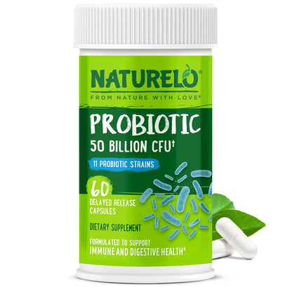 NATURELO Probiotics for Digestive Health, 50 Billion CFU, 60 Vegetarian Capsules, 11 Strains, Daily Use Supplement, Delayed Release, No-Fridge, Boosts Immune System, Probiotics for Women & Men NATURELOBuy Supplements Australia