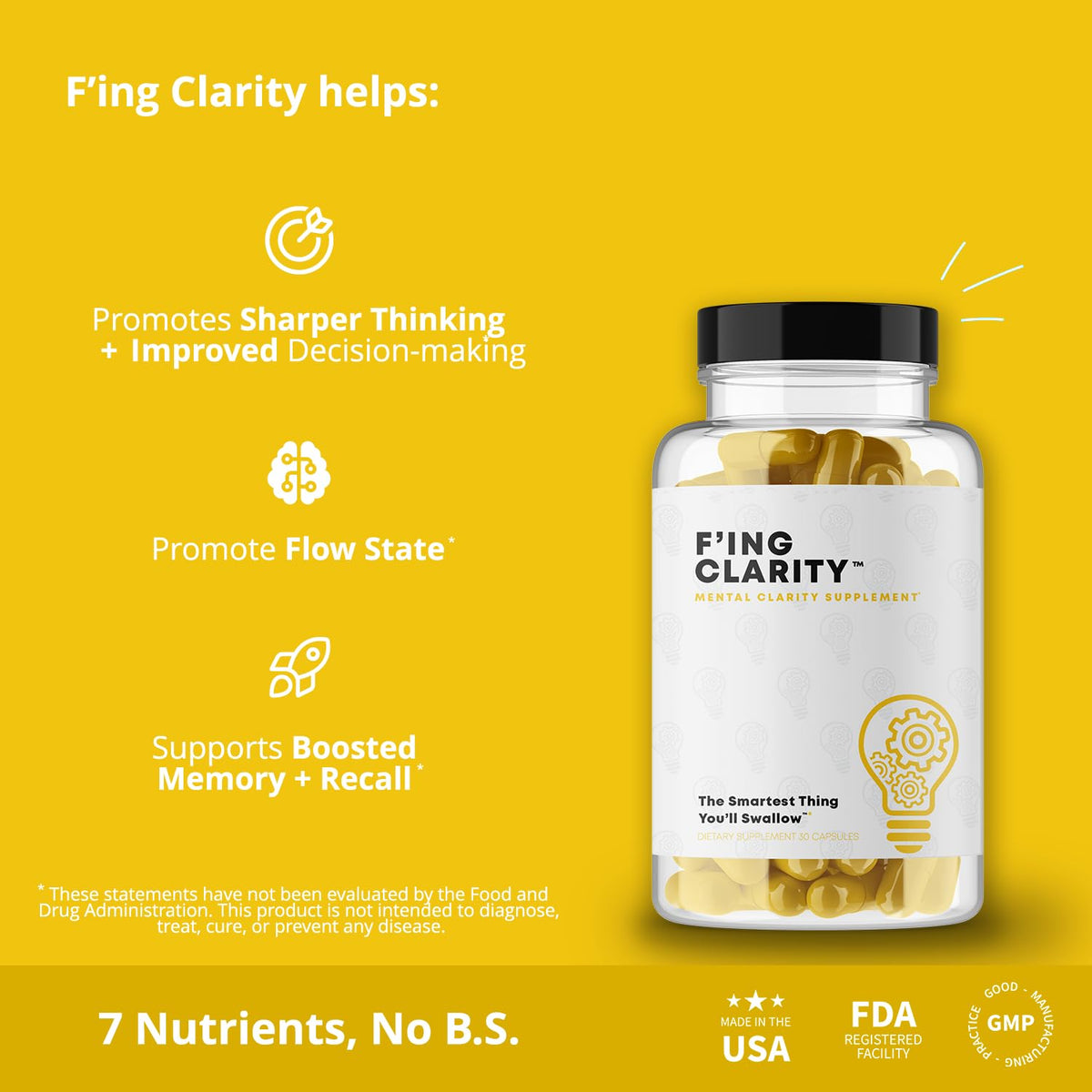 F'ing Clarity - Clarity, Memory + Brain Boosting Nootropic Supplement | Bacopa Extract, Phosphatidylserine 20%, Gingko Biloba Extract, Rhodiola Rosea Extract, DMAE Bitrartrate, B-12, Huperzine A F'ingBuy Supplements Australia