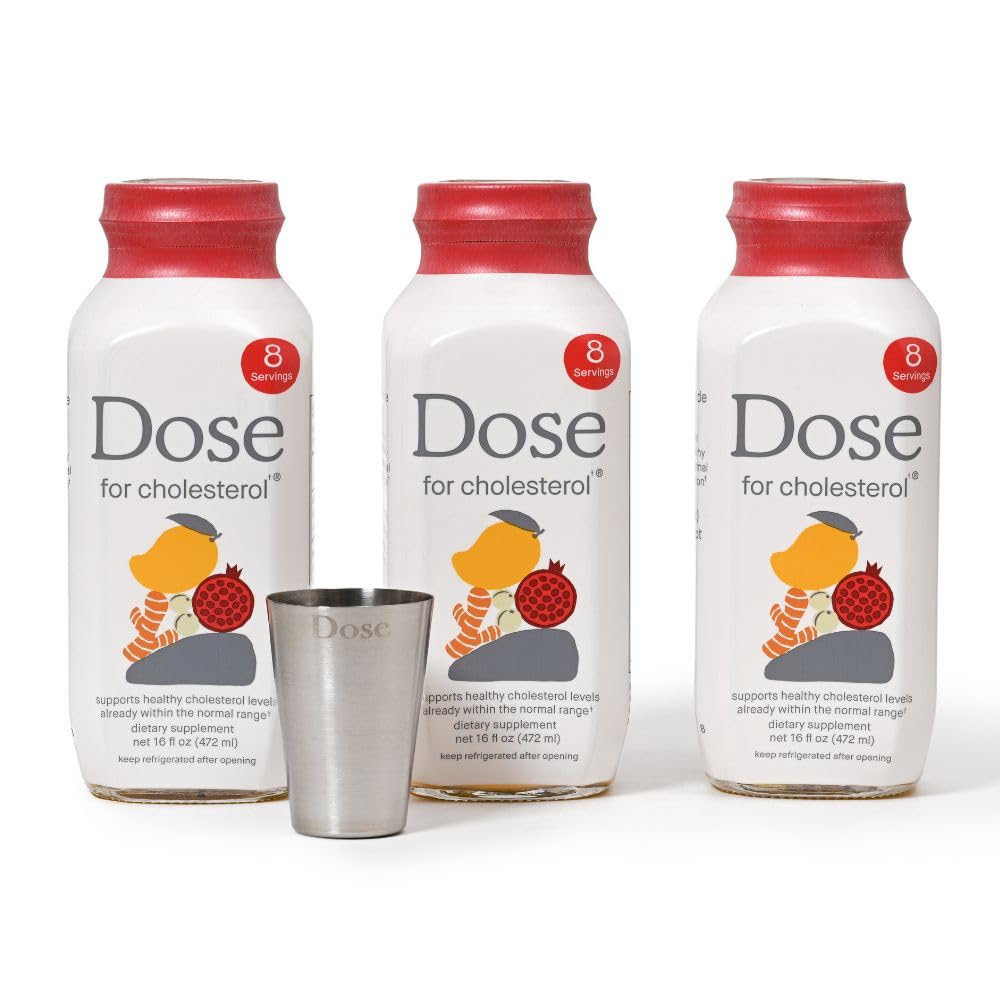 Three bottles of 'Dose for cholesterol' with a red cap and white label on a white background.