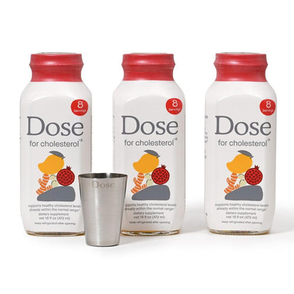 Three bottles of 'Dose for cholesterol' with a red cap and white label on a white background.