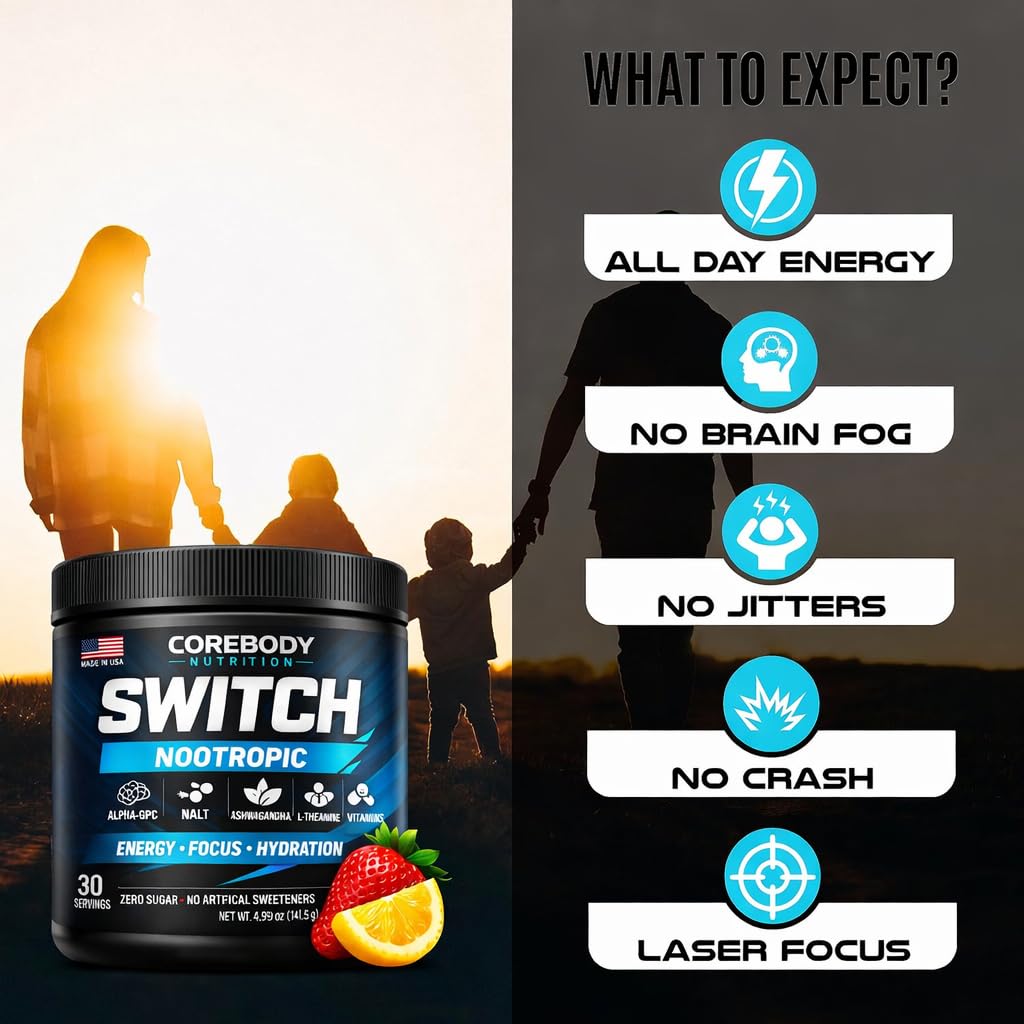 Switch, Brain Boosting Nootropic Energy Supplement Powder - Made in USA - Alpha GPC, NALT, Ashwagandha, Sugar Free Energy, Keto, Increase Mental Focus & Cognitive Function, Enhances Mood & Memory CoreBody NutritionBuy Supplements Australia
