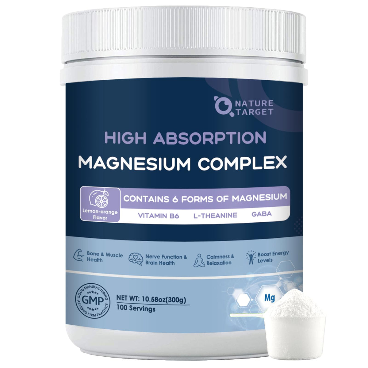NATURE TARGET Magnesium Powder Supplement with Glycinate, Citrate, Malate, Magnesium Complex with L-Theanine & Vitamin B6 for Muscle, Heart & Brain, Vegan, 10.58 oz (100 Servings), Lemon Orange Flavor NATURE TARGETBuy Supplements Australia