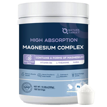 NATURE TARGET Magnesium Powder Supplement with Glycinate, Citrate, Malate, Magnesium Complex with L-Theanine & Vitamin B6 for Muscle, Heart & Brain, Vegan, 10.58 oz (100 Servings), Lemon Orange Flavor NATURE TARGETBuy Supplements Australia