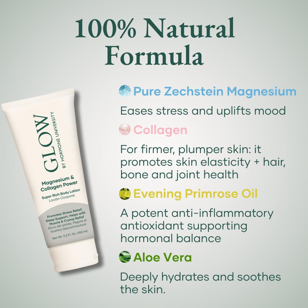 Glow by Hormone University - Magnesium Lotion with Collagen - Magnesium Cream - Bedtime Routine Sleep Lotion - The Highest Concentration of Genuine Zechstein Magnesium Chloride (Pack of 1) Glow BotanicaBuy Supplements Australia