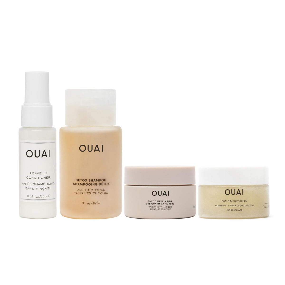 OUAI Travel Kit - Includes Travel Size Leave In Conditioner, Detox Shampoo, Fine to Medium Hair Mask, Scalp & Body Scrub (4 Count) OUAIBuy Supplements Australia