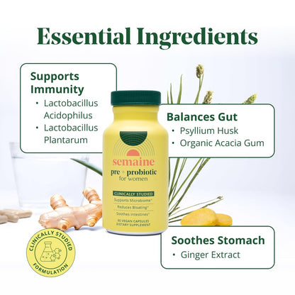 Semaine Super Powered Prebiotic + Probiotic for Women, Effective 3-in-1 Multi-Action Formula to Nourish Gut Health, Soothe IBS, Support Bloat Relief