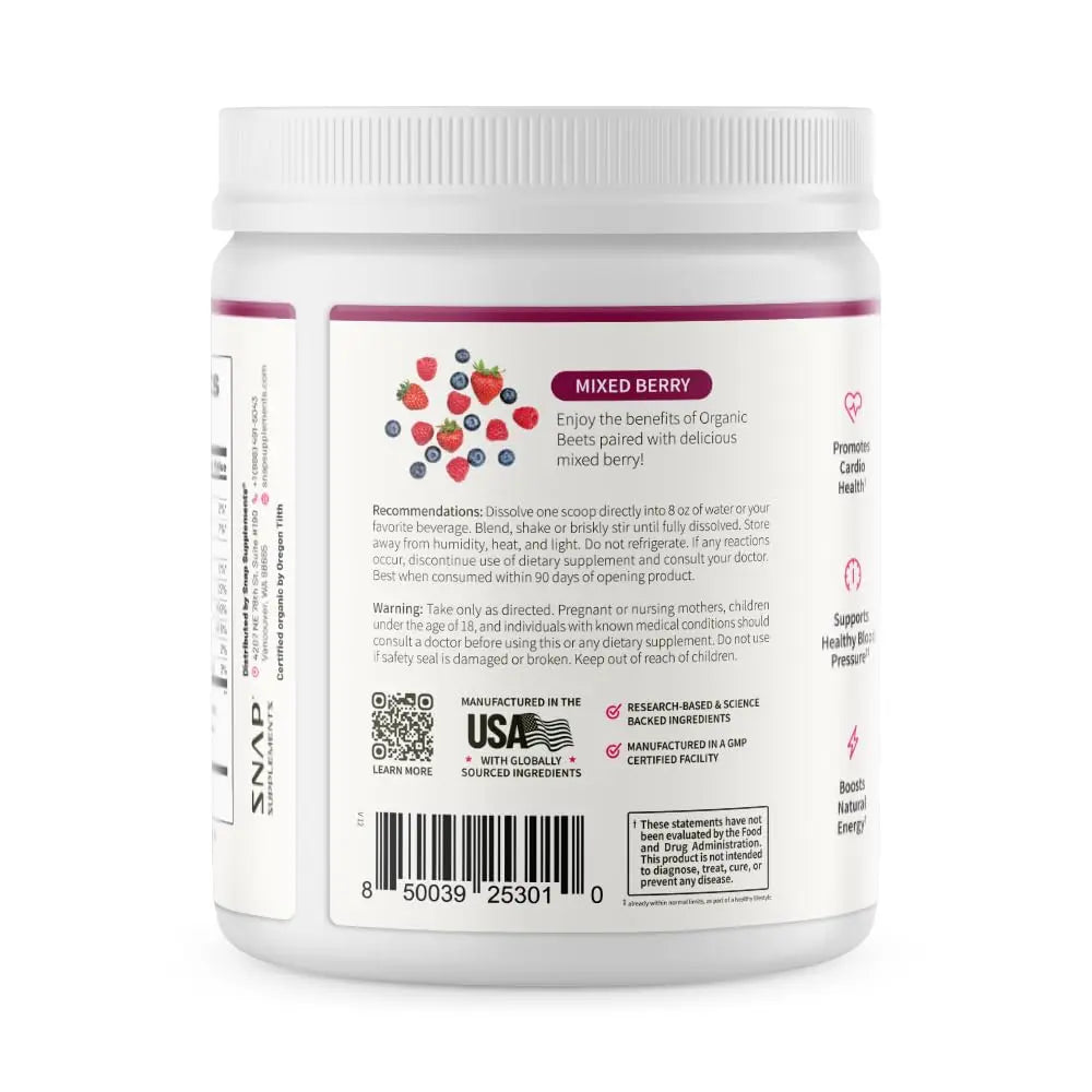 Snap Supplements Organic Beet Root Powder Nitric Oxide Supplement for Men & Women, Red Spinach & Pomegranate, Supports Healthy Energy & Blood Pressure Already in Normal Range, 30 Servings, Mixed Berry Snap Supplements buy supplements Au