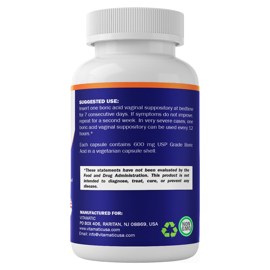 Vitamatic Boric Acid Vaginal Capsule Shell Suppositories 600 mg USP Grade Boric Acid in Vegetarian Capsule Shell - 60 Count VitamaticBuy Supplements Australia