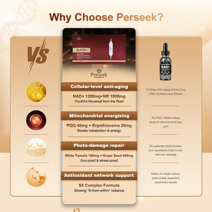 Perseek NAD+ 1200mg Liquid Supplement with Nicotinamide Riboside, PQQ & Grape Seed Extract for Cellular Vitality, Energy Metabolism & Antioxidant Support – 10 Liquid Vials PerseekBuy Supplements Australia