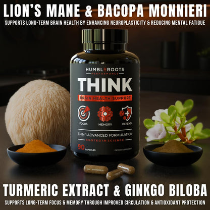 FOCUS + THINK Nootropic Brain Supplement Bundle - Energy, Memory & Focus Support - Caffeine + Caffeine-Free Cognitive Stack with Lion's Mane, Bacopa, Citicoline & L-Theanine - 2 Bottles (90 + 90 Capsu HUMBLEROOTS PERFORMANCE buy supplements Au