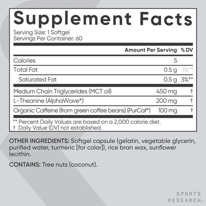 Sports Research L-Theanine Supplement with Caffeine & Coconut MCT Oil - Focused Energy, Alertness & Relaxation Without Drowsiness - 200mg L Theanine, 100mg Organic Caffeine - 60 Liquid Softgels Sports ResearchBuy Supplements Australia