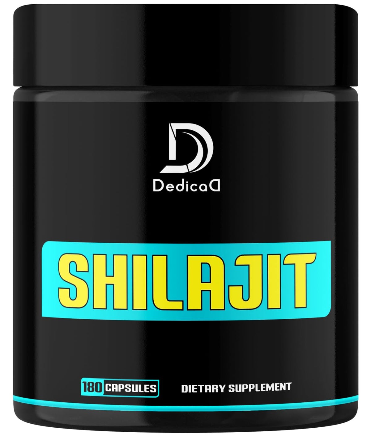 Black container of DedicaD Shilajit dietary supplement with yellow text