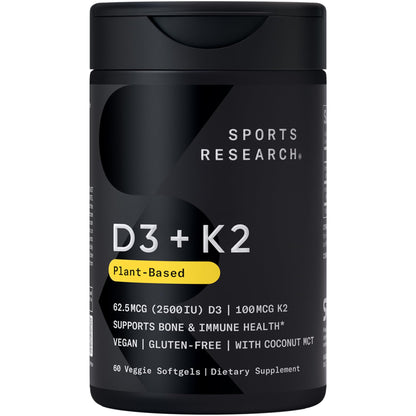 Sports Research® Vitamin D3 + K2 w/Coconut Oil - Vegan Vitamin D 2500iu (62.5mcg) & Mk7 Vitamin K 100mcg for Bone & Immune Support - Vegan Certified