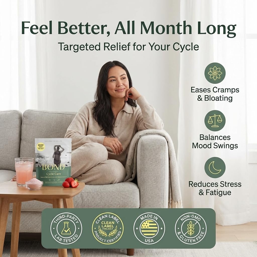 BOND Cycle Care – PMS Support Supplement & Hormone Balance for Women – Cortisol Reducer with Ashwagandha, L-Tryptophan, Magnesium, Turmeric Extract & Glutathione for Mood & Cycle Relief, 28 Servings BONDBuy Supplements Australia