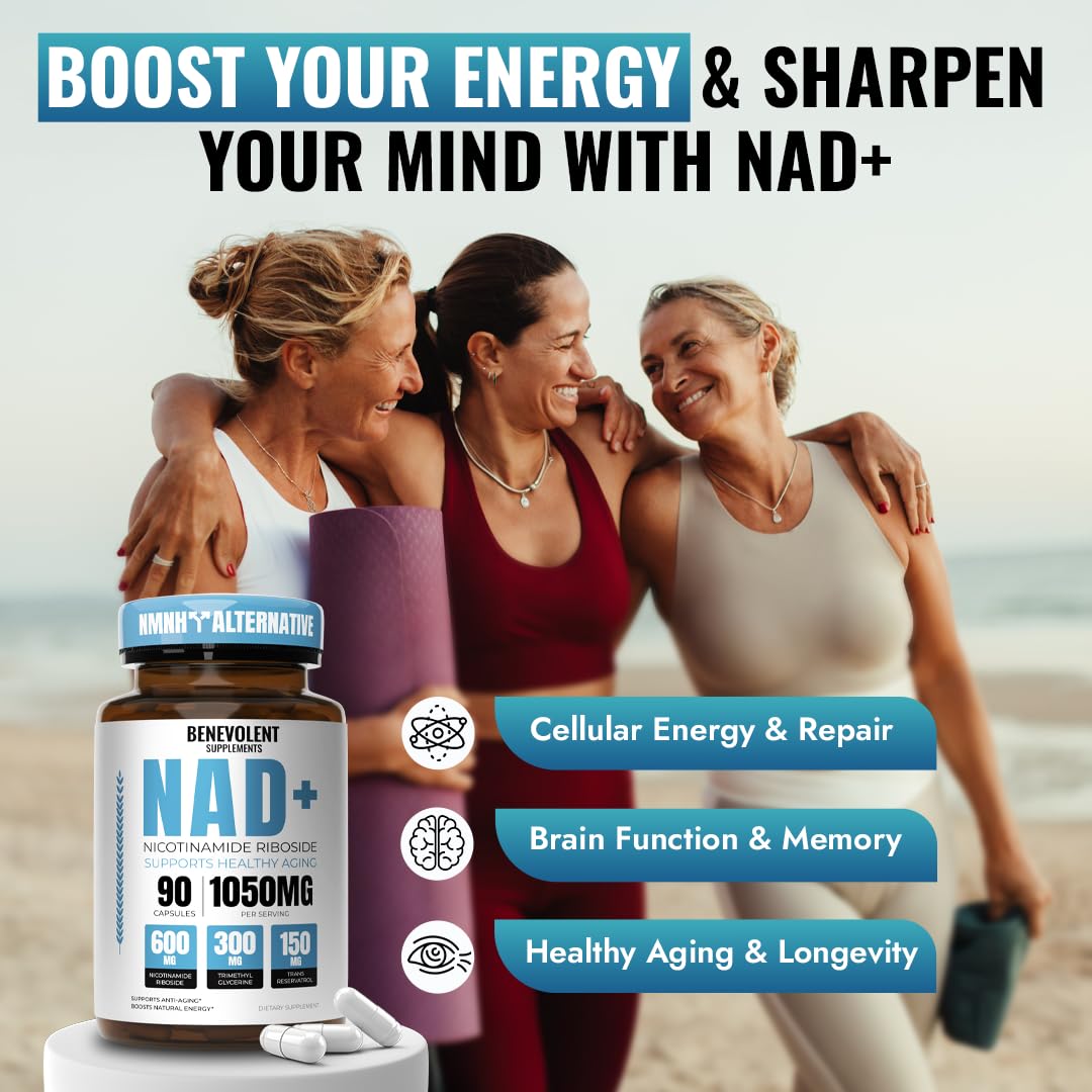Benevolent NAD+ Supplement 1050mg, Max Absorption 3in1 NAD Supplements for Women & Men with Nicotinamide Riboside, Trans-Resveratrol & TMG, NAD Plus for Cellular Energy, Brain Support & Aging, 90 Caps Benevolent NourishmentBuy Supplements Australia