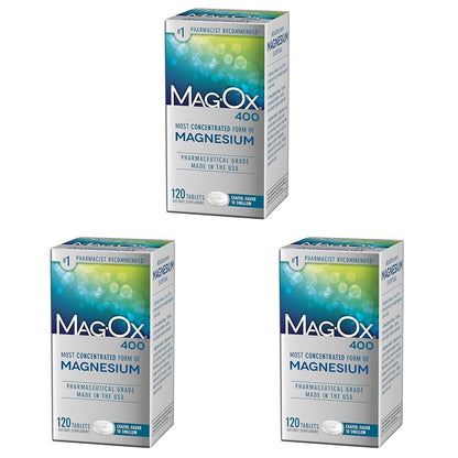 Mag-Ox Magnesium Supplement, Pharmaceutical Grade Magnesium Oxide 483mg, Most Concentrated Form of Magnesium, 120 Tablets (Pack of 3) Mag-Ox 400Buy Supplements Australia