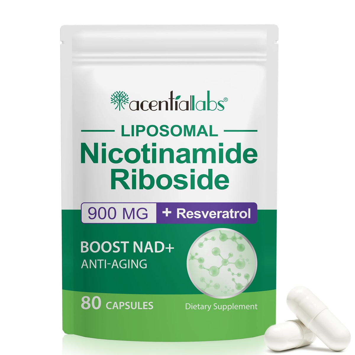 Supplement package for Liposomal Nicotinamide Riboside with acentria labs branding on a white background