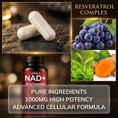 LERXLK NAD+ Supplement 1000mg – Liposomal Nicotinamide Riboside with Resveratrol, Advanced Cellular Energy & Healthy Aging Support, 60 Vegetarian Capsules LERXLKBuy Supplements Australia