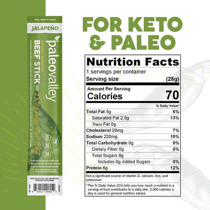 Paleovalley 100% Grass Fed Jalapeno Beef Sticks - Delicious Gluten Free Beef Snack - High Protein Keto Friendly PaleovalleyBuy Supplements Australia
