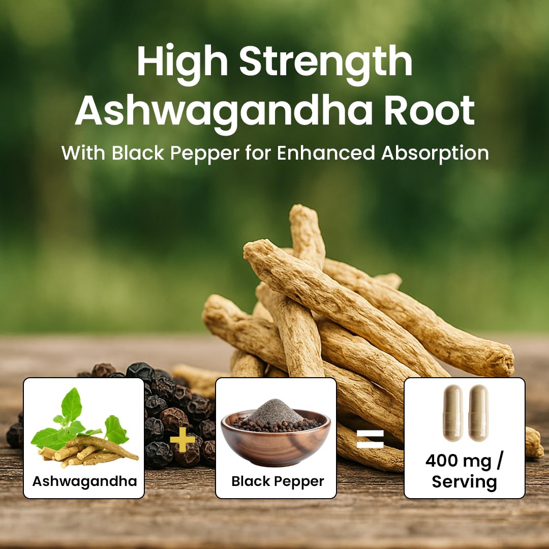 NooMost Organic Ashwagandha 400mg Capsules w/Black Pepper Extract as Vegan Ashwagandha Supplements for Anti Stress Relief, Natural Mood Support, Energy & Focus-60 Capsules NooMostBuy Supplements Australia
