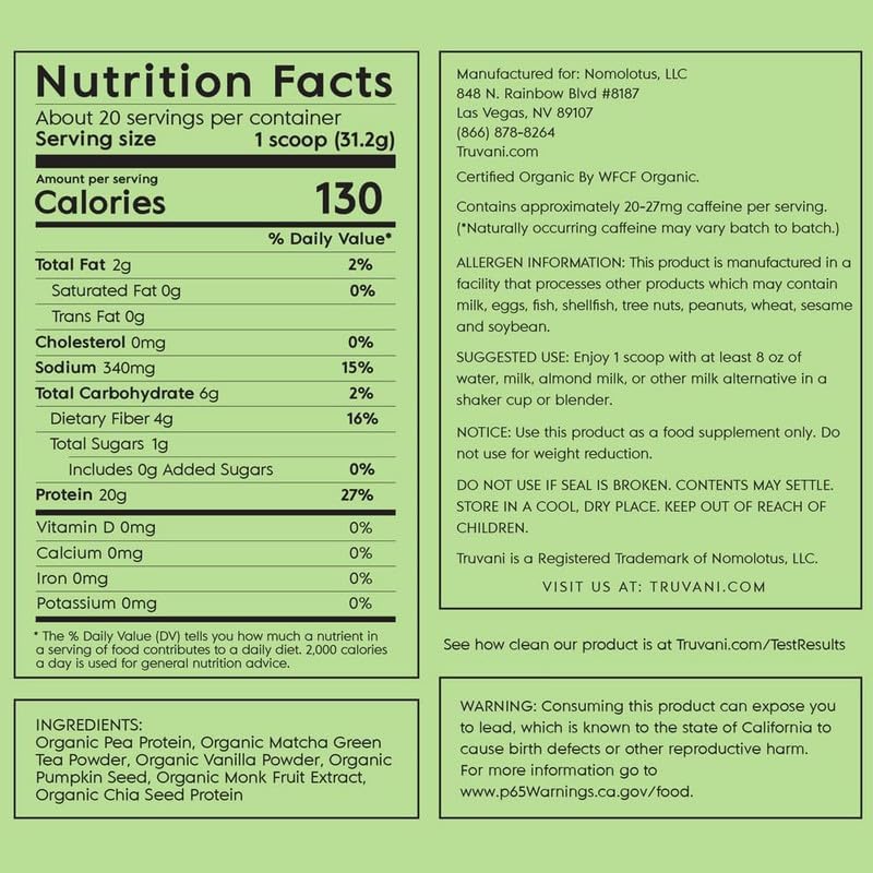 Truvani Organic Vegan Protein Powder Matcha - 20g of Plant Based, Organic Protein TruvaniBuy Supplements Australia