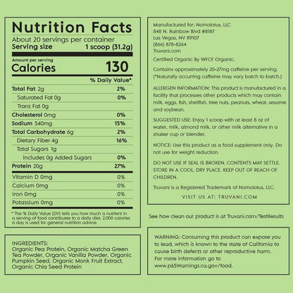Truvani Organic Vegan Protein Powder Matcha - 20g of Plant Based, Organic Protein TruvaniBuy Supplements Australia