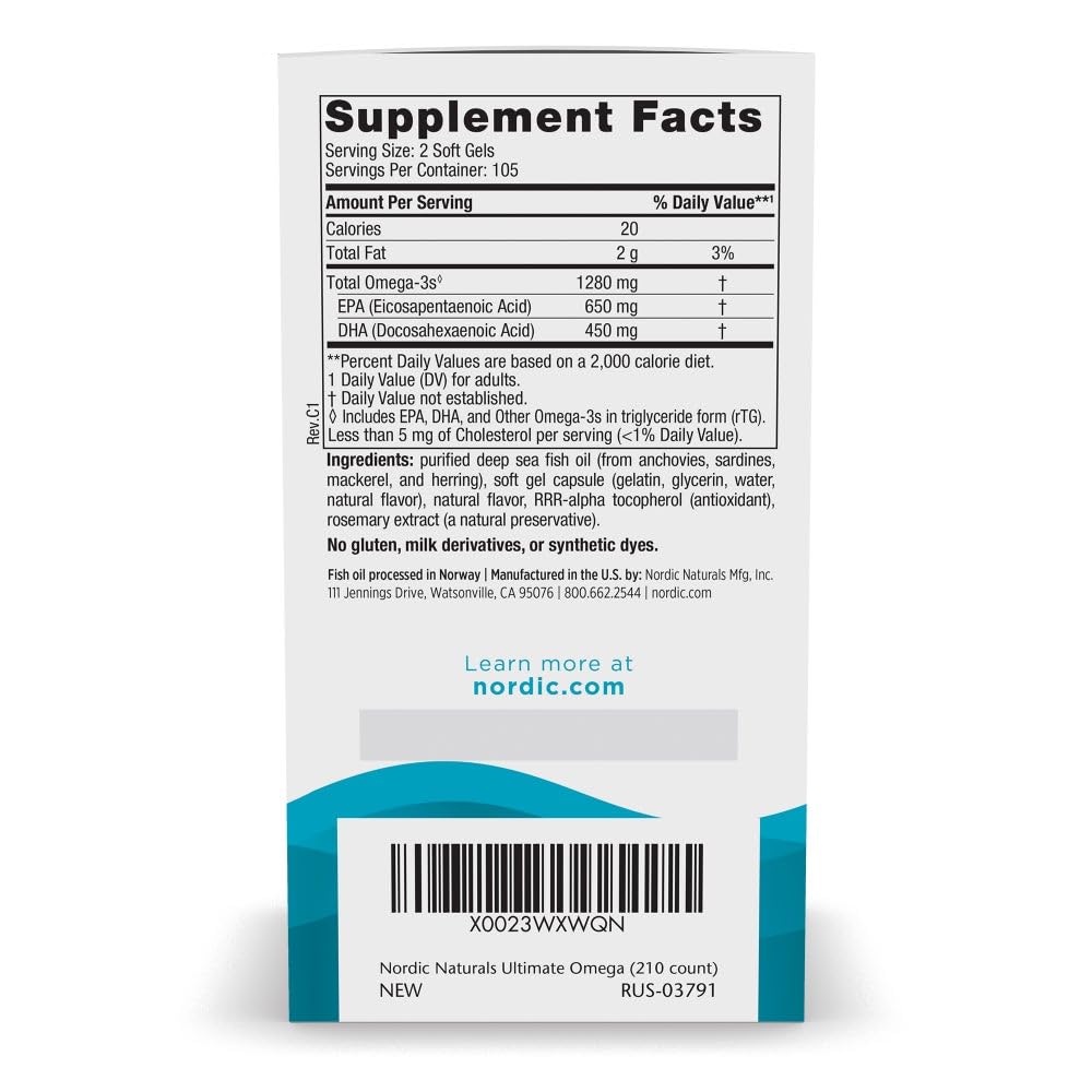 Nordic Naturals Ultimate Omega, Lemon Flavor - 210 Soft Gels - 1280 mg Omega-3 - High-Potency Fish Oil with EPA & DHA - Promotes Brain & Heart Health - Non-GMO - 105 Servings Nordic Naturals buy supplements Au