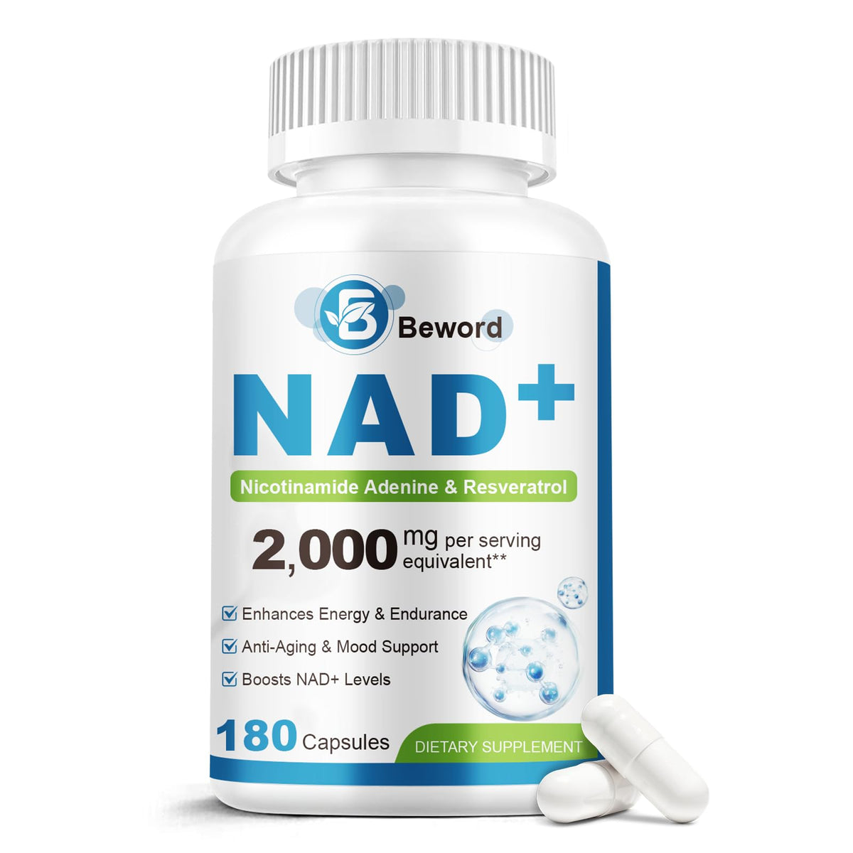 Beward NAD+ supplement bottle with capsules on a white background
