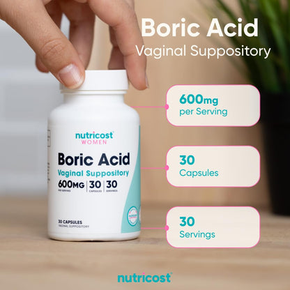 Nutricost Boric Acid 600mg, 30 Capsules - Vaginal Suppository - Non-GMO - for Women NutricostBuy Supplements Australia