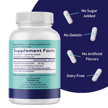 BESTVITE Advanced Ashwagandha 120mg w/Shoden (120 Vegetarian Capsules) - Clinically Studied Containing Industry Leading 35% Withanolide Glycosides - No Stearates - Vegan - Non GMO - Gluten Free BESTVITEBuy Supplements Australia