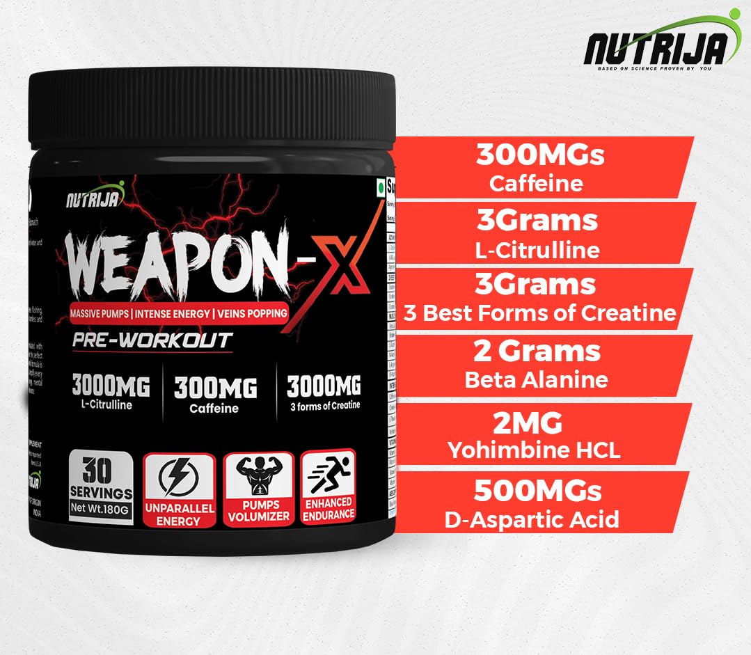 NutriJa Weapon-X Pre-Workout Powder with 21 Active Ingredients - 3 Best Forms of Creatine, AAKG, Beta-Alanine, Caffeinated | Pumps, Viens Popping, Energy, Focus & Strength (30 Servings (Pineapple))