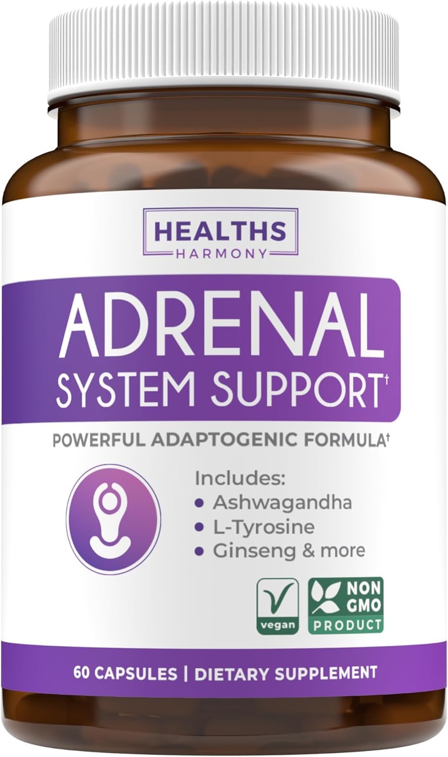 Adrenal System Support & Cortisol Manager (2 Month Supply) Powerful Ashwagandha & L-Tyrosine Fatigue Supplement - Maintain Balanced Cortisol Levels, Health, & Stress Relief - Non-GMO - 60 Capsules Healths HarmonyBuy Supplements Australia