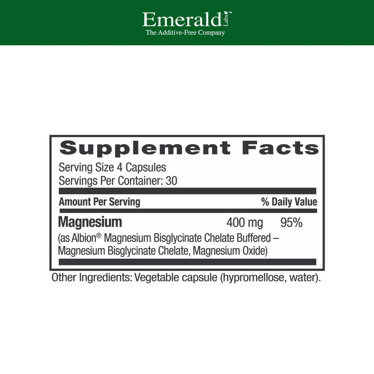 Emerald Labs Magnesium 400mg - Bone & Sleep Support with Albion Magnesium* - Vegan Friendly - 120 Vegetable Capsules (30-Day Supply) EMERALD LABSBuy Supplements Australia