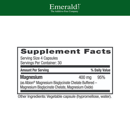 Emerald Labs Magnesium 400mg - Bone & Sleep Support with Albion Magnesium* - Vegan Friendly - 120 Vegetable Capsules (30-Day Supply) EMERALD LABSBuy Supplements Australia