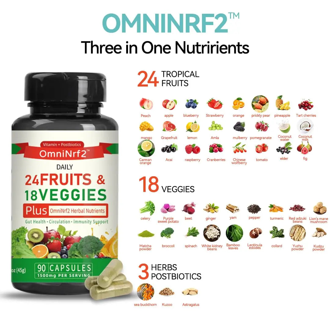 OmniNrf2 Postbiotic Supplement Capsules for Gut Health, Superfood with 24 Fruits & 18 Veggies & Fermented Herbal Plants, 90 Capsules for Antioxidant Support OmniNrf2Buy Supplements Australia