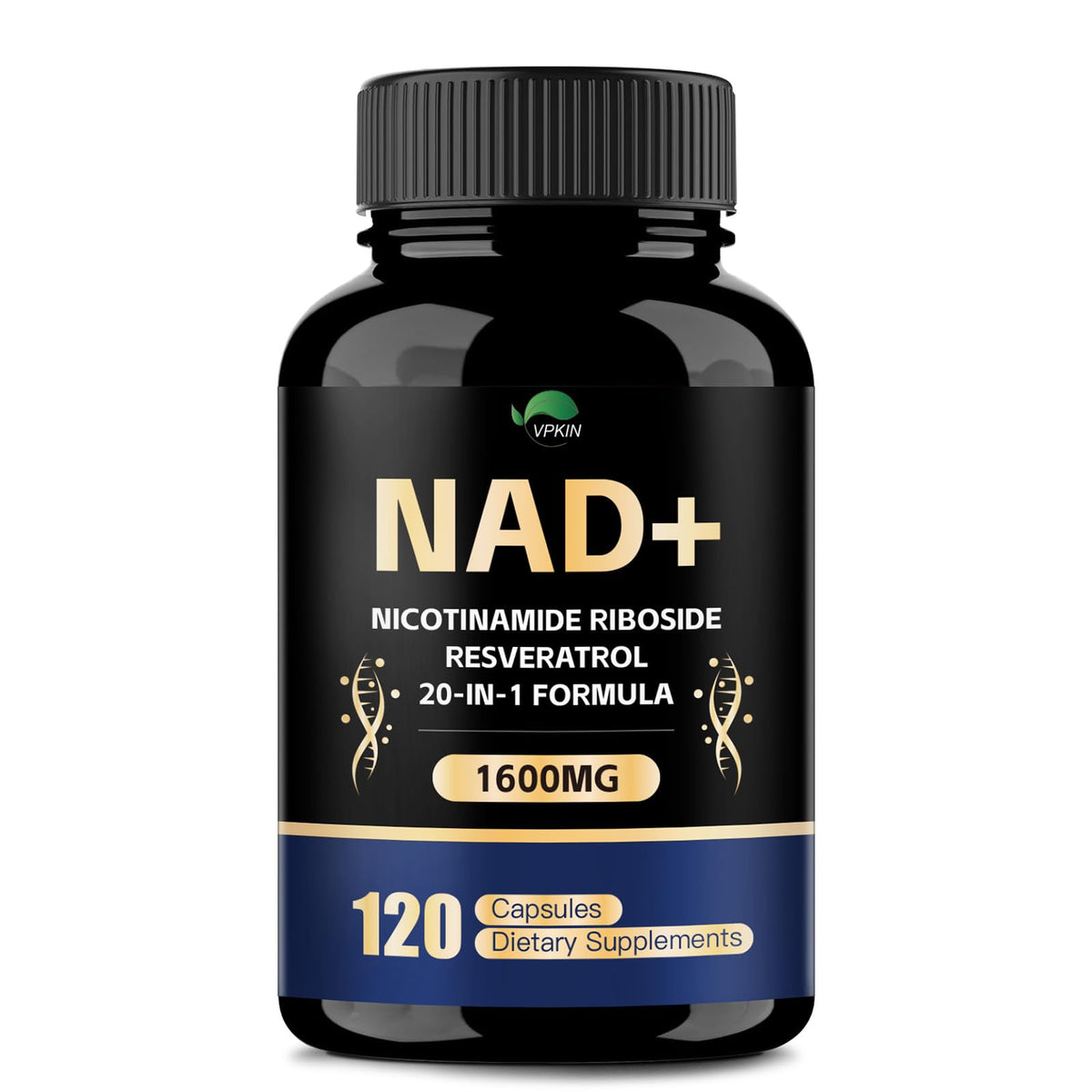 Supplement bottle labeled 'NAD+' with black and gold design on a white background