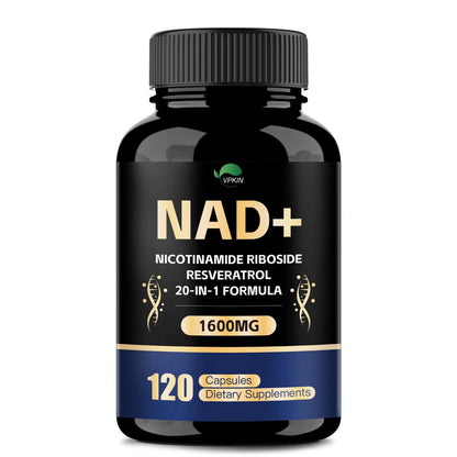 Supplement bottle labeled 'NAD+' with black and gold design on a white background